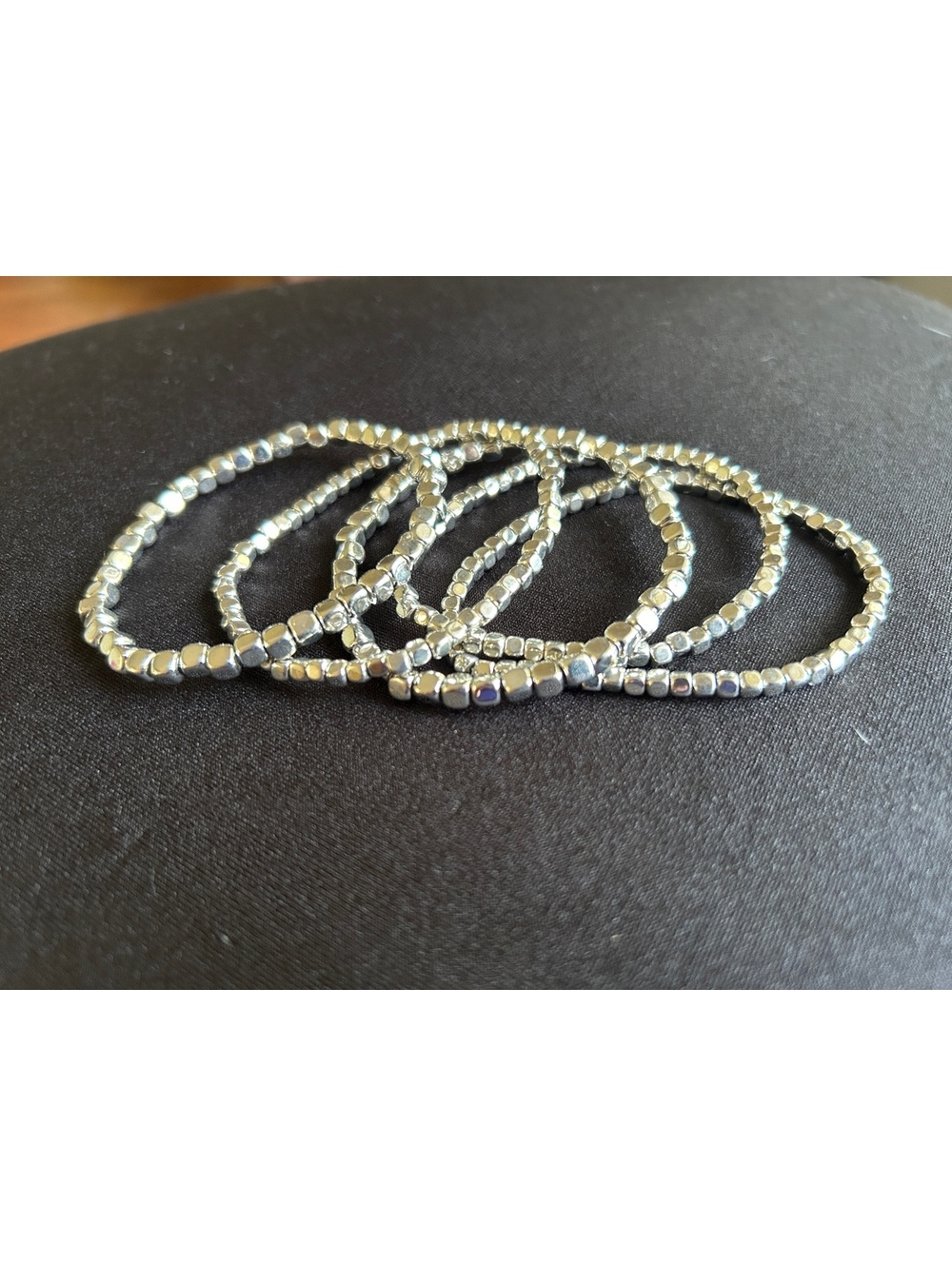 Set of 5 Silver Tone Beaded Stretch Bracelets